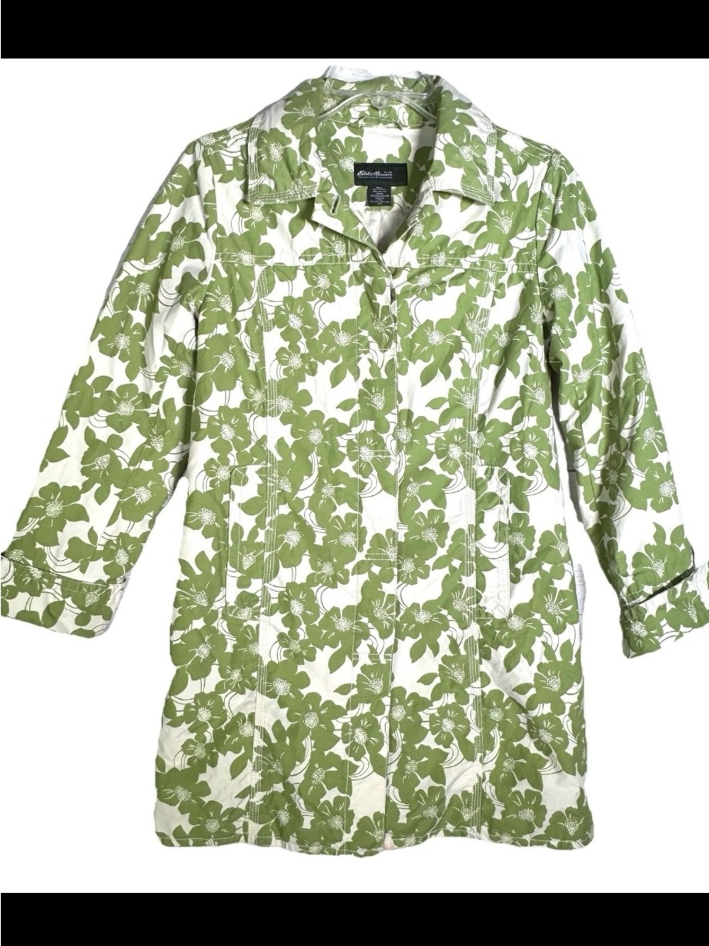 Eddie Bauer Green Floral Long Button Jacket Women’s Sz XS Lightweight - Picture 2 of 4